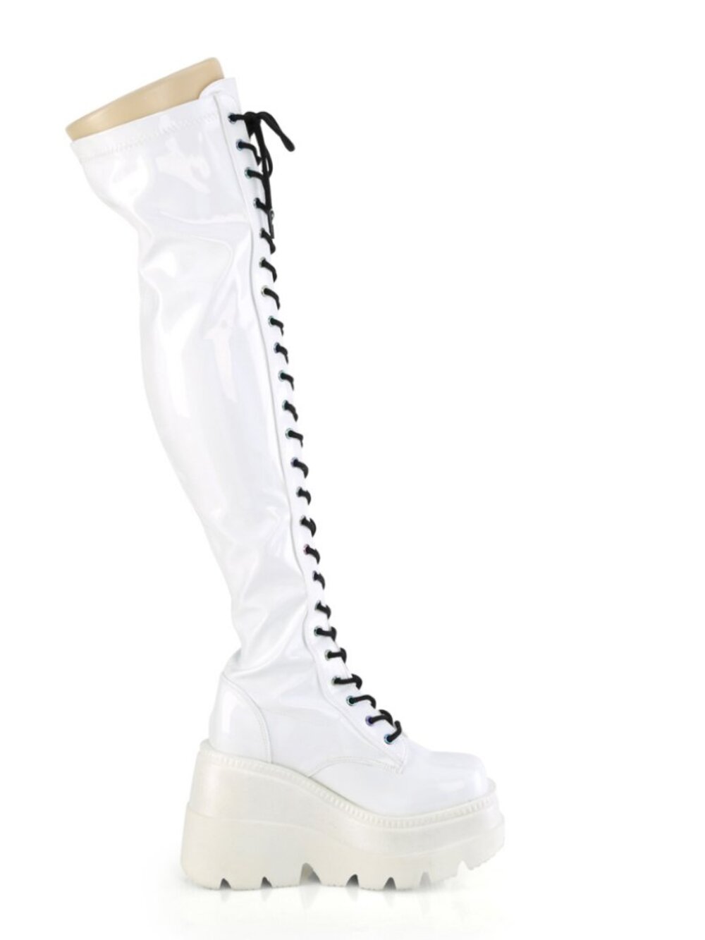 White Hologram Stretch Patent Thigh-High Boots with Full-Length Outer Metal Zip